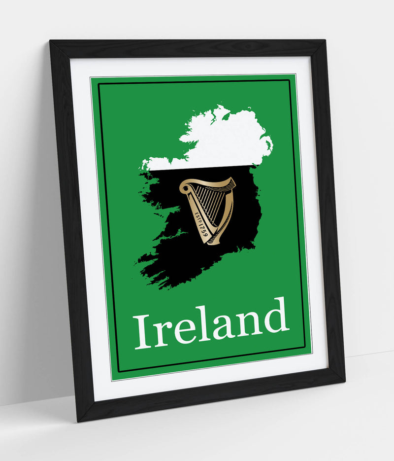 Ireland as a Pint of Stout (with Harp) - Colorful Wall Art With Woodgrain Frame & Matte Paper Print