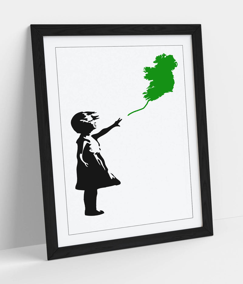 Ireland Balloon Girl Banksy (green)  - Colorful Wall Art With Woodgrain Frame & Matte Paper Print