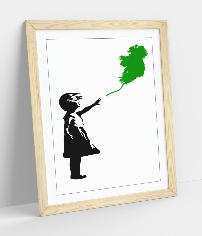 Ireland Balloon Girl Banksy (green)  - Colorful Wall Art With Woodgrain Frame & Matte Paper Print