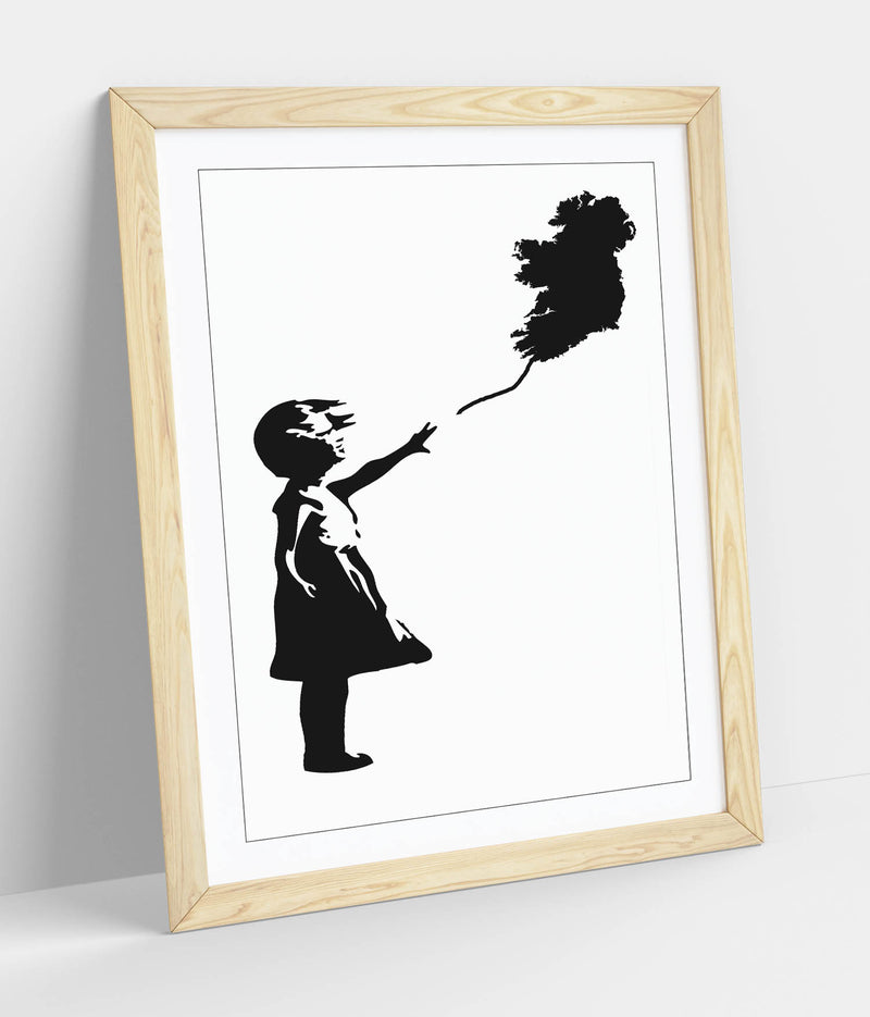 Ireland Balloon Girl Banksy - Colorful Wall Art With Woodgrain Frame & Matte Paper Print