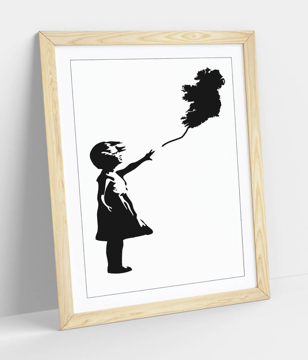 Ireland Balloon Girl Banksy - Colorful Wall Art With Woodgrain Frame & Matte Paper Print
