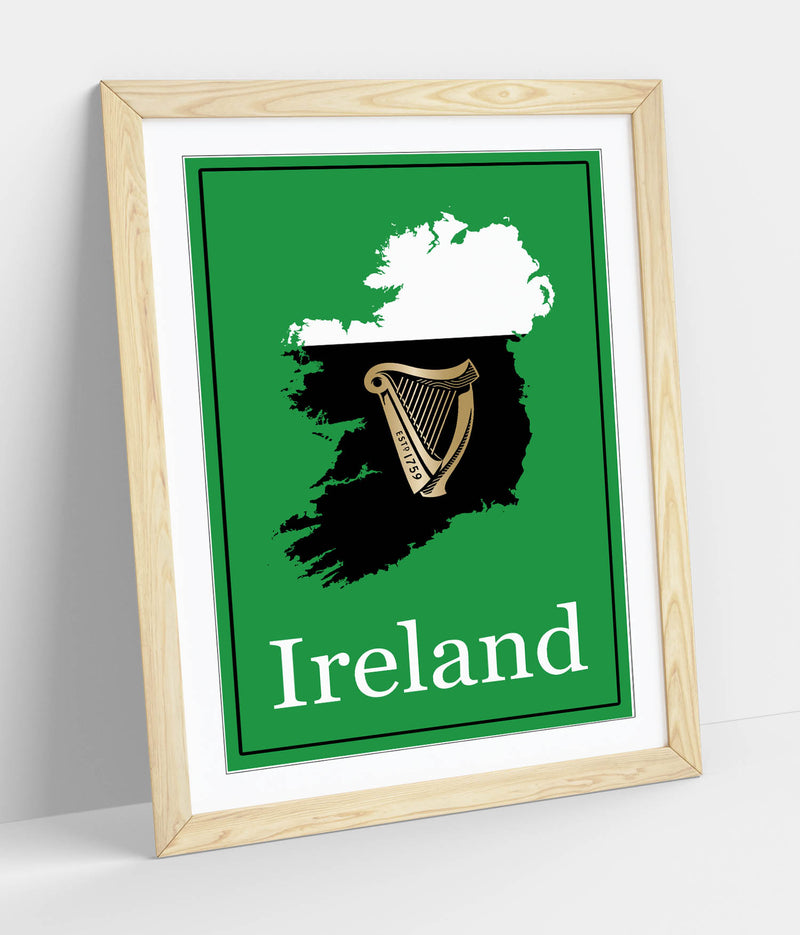 Ireland as a Pint of Stout (with Harp) - Colorful Wall Art With Woodgrain Frame & Matte Paper Print