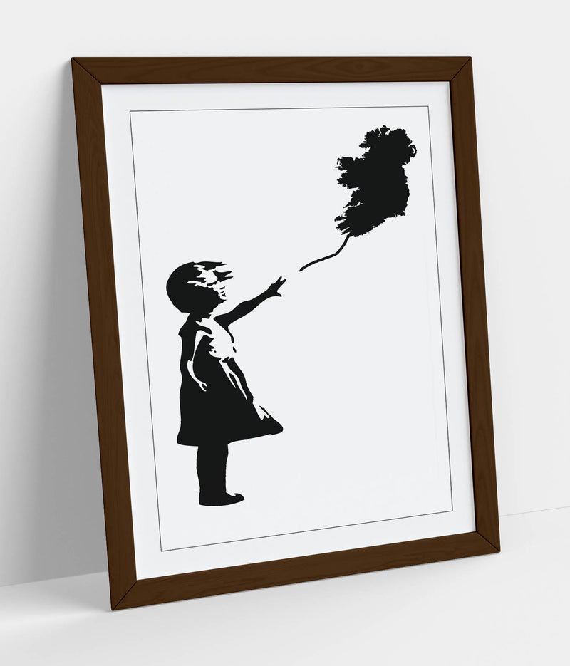 Ireland Balloon Girl Banksy - Colorful Wall Art With Woodgrain Frame & Matte Paper Print