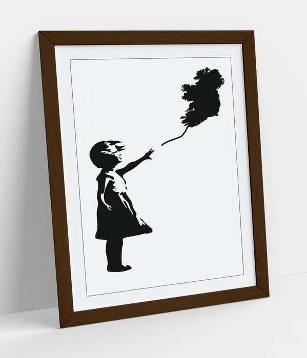 Ireland Balloon Girl Banksy - Colorful Wall Art With Woodgrain Frame & Matte Paper Print