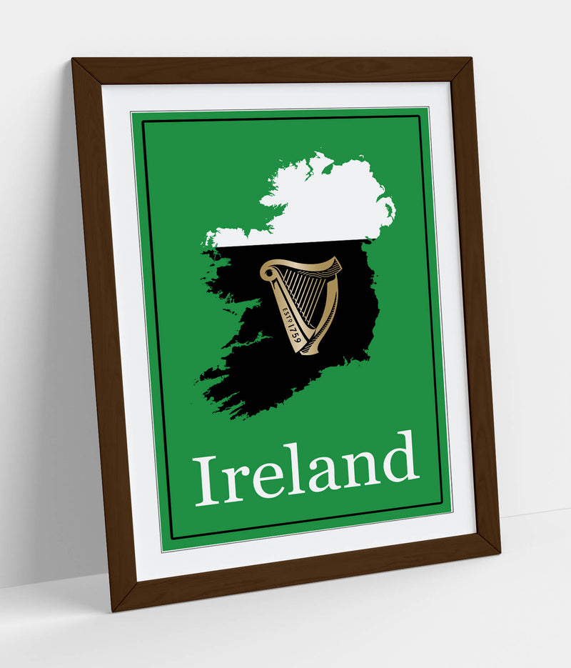 Ireland as a Pint of Stout (with Harp) - Colorful Wall Art With Woodgrain Frame & Matte Paper Print