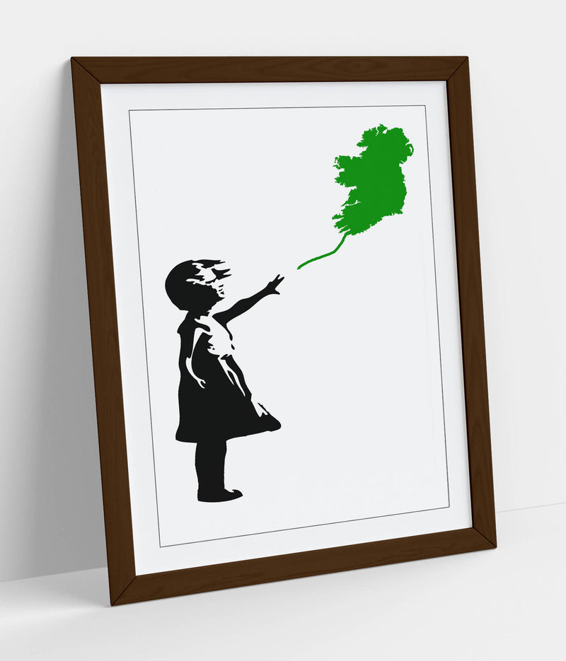 Ireland Balloon Girl Banksy (green)  - Colorful Wall Art With Woodgrain Frame & Matte Paper Print