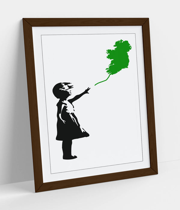 Ireland Balloon Girl Banksy (green)  - Colorful Wall Art With Woodgrain Frame & Matte Paper Print