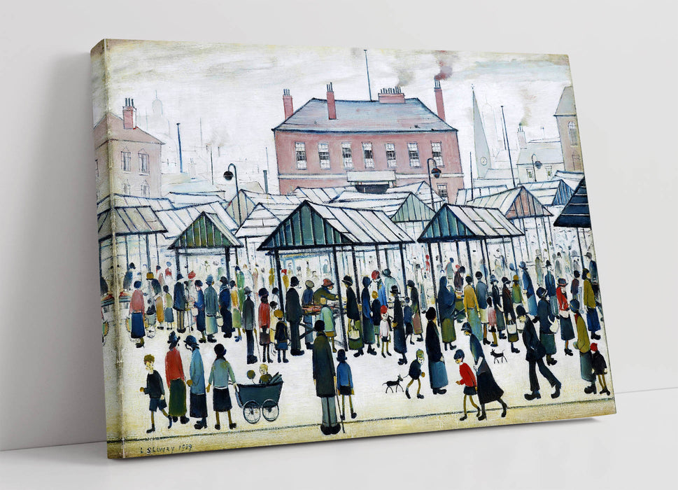 Canvas Wall Art Print - Northern Town Market Scene Painting in Ls Lowry Style | Handmade UK