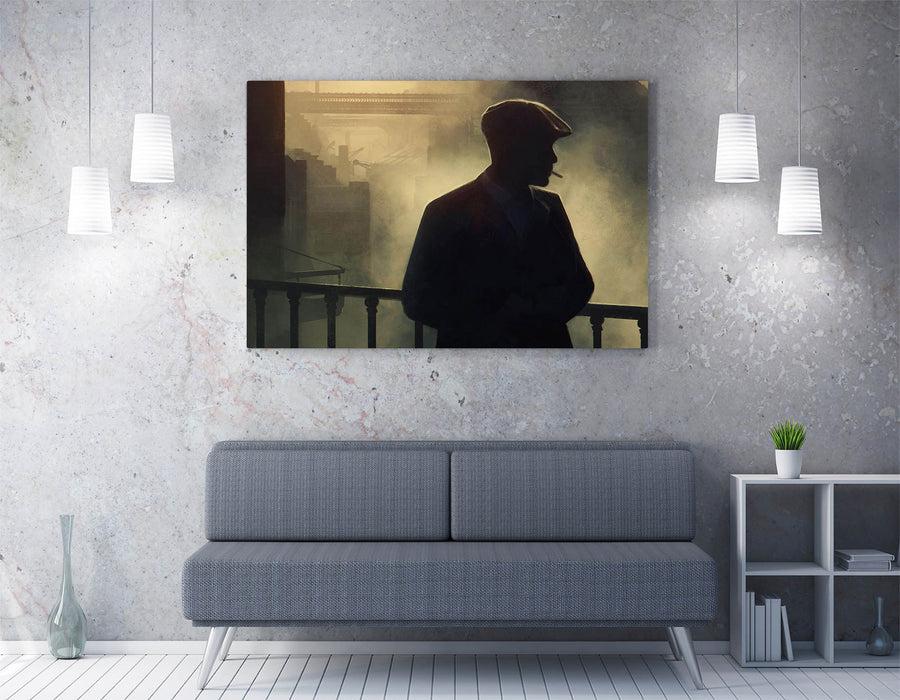 Silhouette of a person against a wall with a modern interior setting
