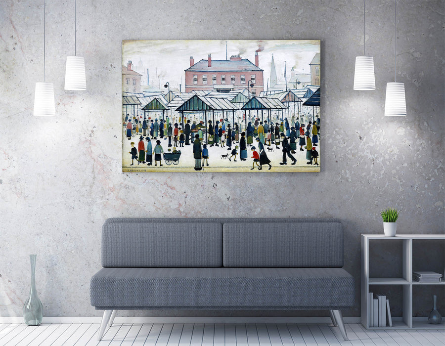 Canvas Wall Art Print - Northern Town Market Scene Painting in Ls Lowry Style | Handmade UK