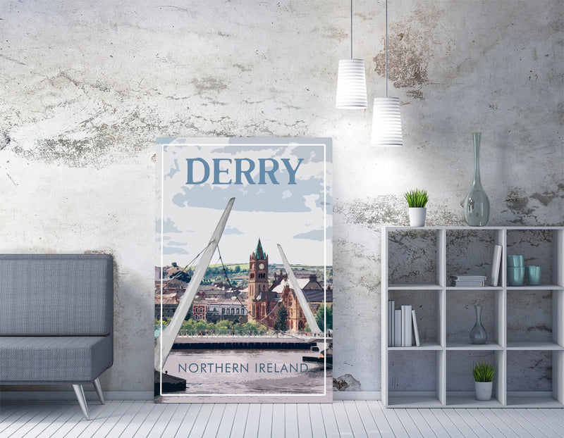 Derry Peace Bridge Travel Poster - Gallery Wrapped Framed Canvas Print Wall Art