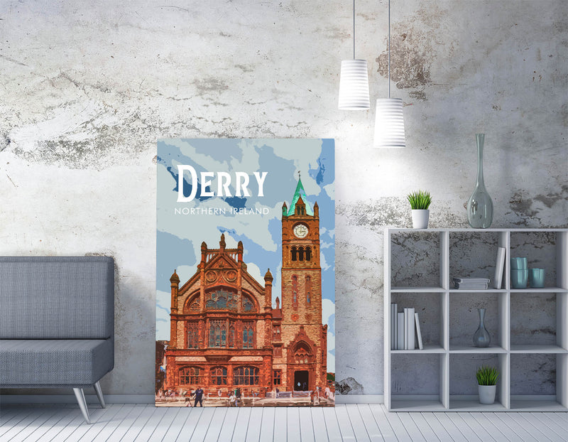 Derry Guildhall Travel Poster - Gallery Wrapped Framed Canvas Print Wall Art