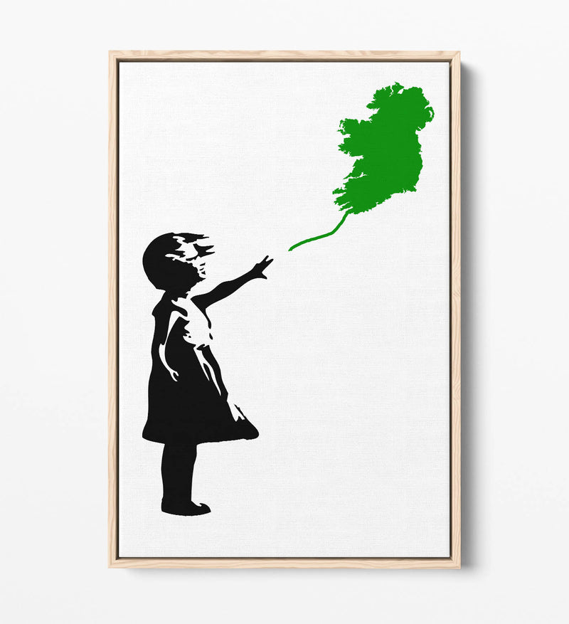 Ireland Balloon Girl Banksy (green) - Contemporary Float Effect Canvas Wall Art Print with Premium Varnish Finish