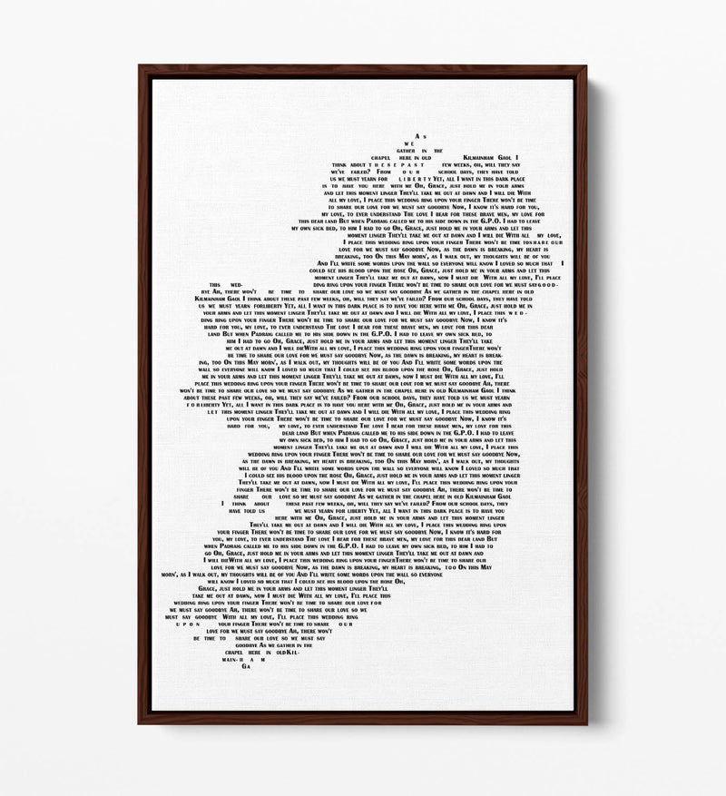 Grace Lyrics in the Shape of Ireland 'Wolfe Tones' - Contemporary Float Effect Canvas Wall Art Print with Premium Varnish Finish