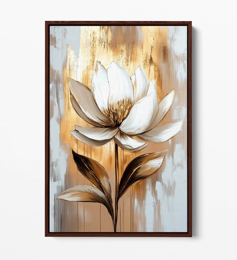 Beautiful White Flower Gold Home Decor Float Effect Framed Canvas Wall Art Picture Print