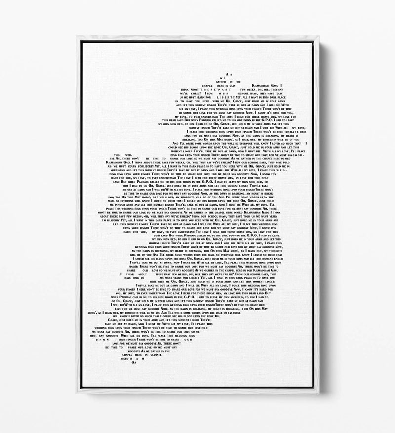 Grace Lyrics in the Shape of Ireland 'Wolfe Tones' - Contemporary Float Effect Canvas Wall Art Print with Premium Varnish Finish
