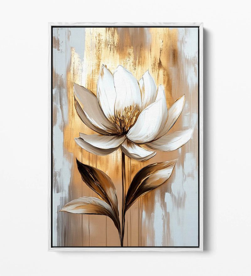 Beautiful White Flower Gold Home Decor Float Effect Framed Canvas Wall Art Picture Print