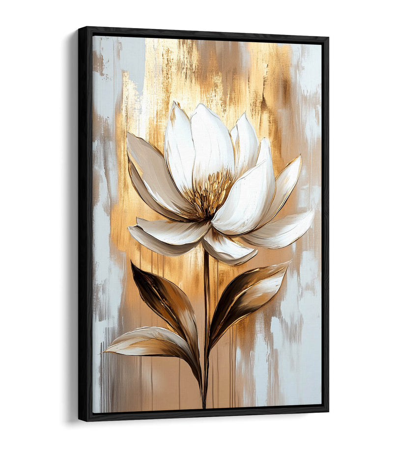 Beautiful White Flower Gold Home Decor Float Effect Framed Canvas Wall Art Picture Print
