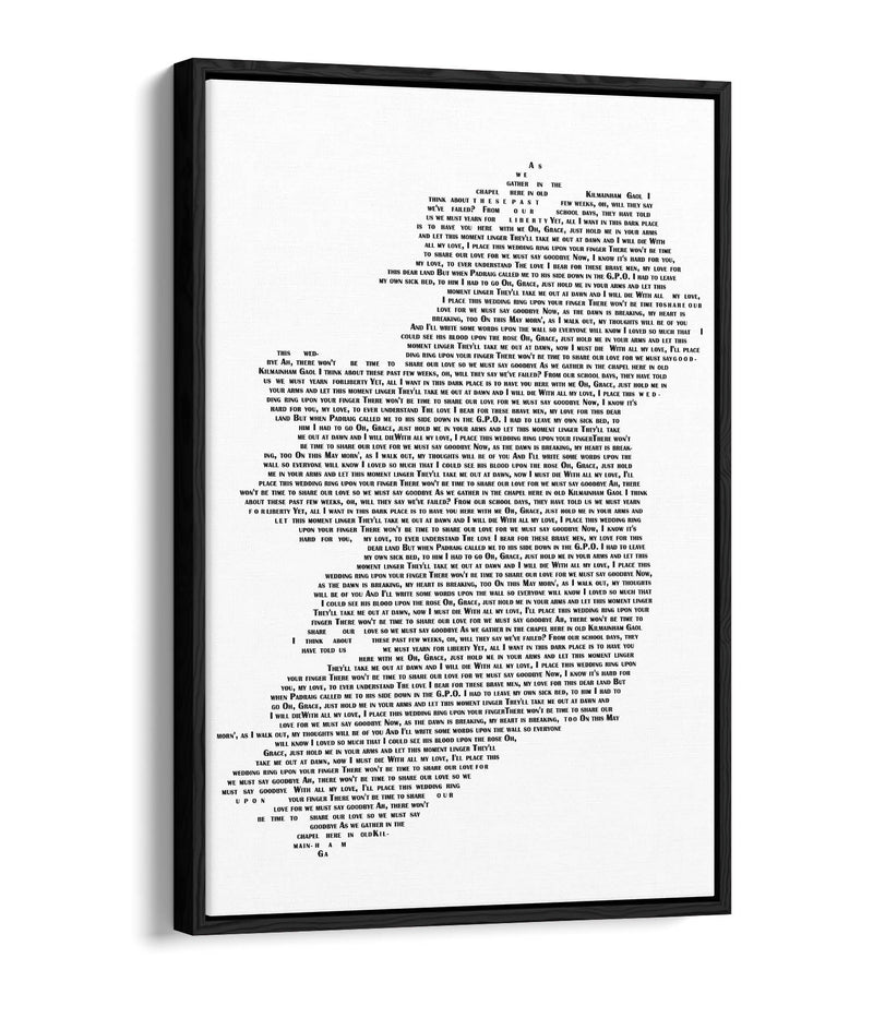 Grace Lyrics in the Shape of Ireland 'Wolfe Tones' - Contemporary Float Effect Canvas Wall Art Print with Premium Varnish Finish