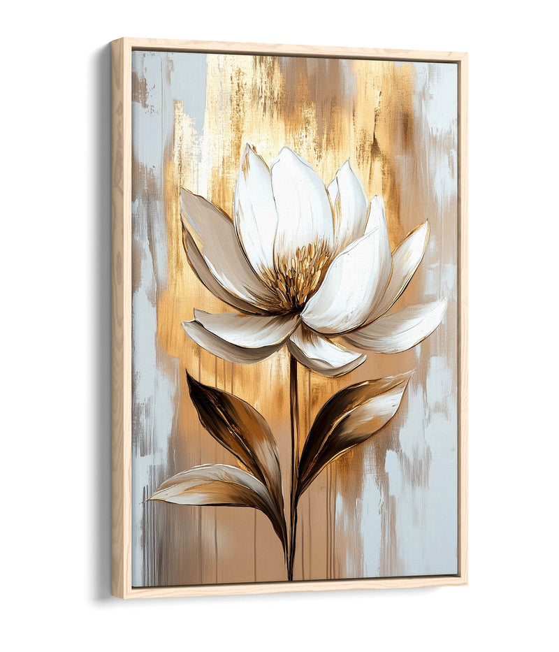 Beautiful White Flower Gold Home Decor Float Effect Framed Canvas Wall Art Picture Print