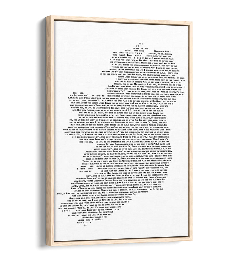 Grace Lyrics in the Shape of Ireland 'Wolfe Tones' - Contemporary Float Effect Canvas Wall Art Print with Premium Varnish Finish