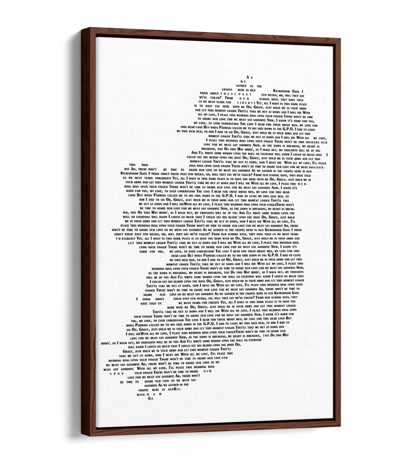 Grace Lyrics in the Shape of Ireland 'Wolfe Tones' - Contemporary Float Effect Canvas Wall Art Print with Premium Varnish Finish
