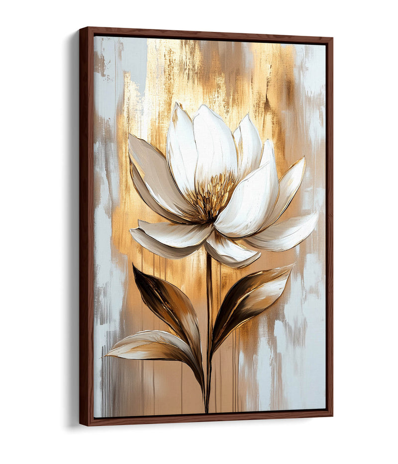 Beautiful White Flower Gold Home Decor Float Effect Framed Canvas Wall Art Picture Print