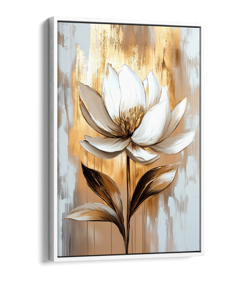 Beautiful White Flower Gold Home Decor Float Effect Framed Canvas Wall Art Picture Print