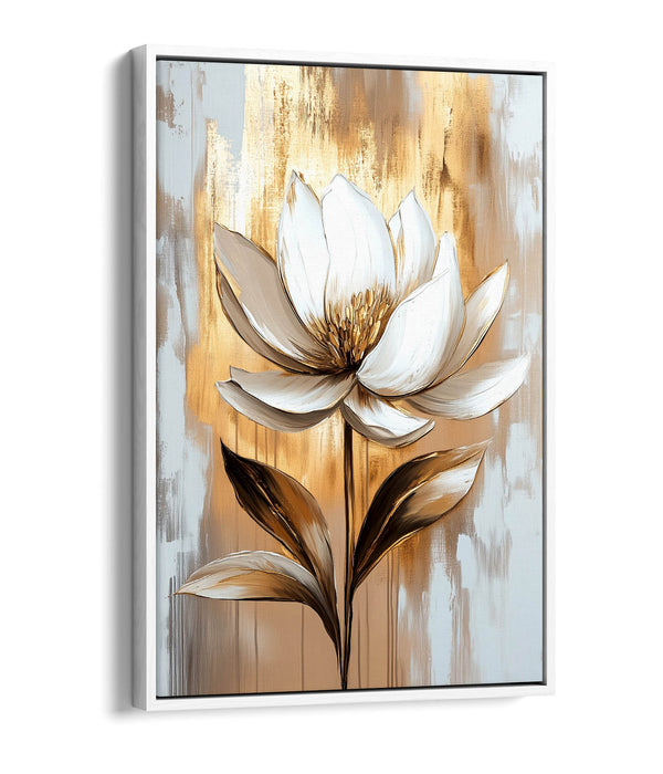 Beautiful White Flower Gold Home Decor Float Effect Framed Canvas Wall Art Picture Print
