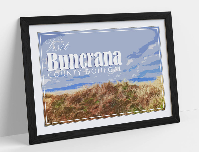 'Buncrana' Visit Ireland Travel Poster – Framed Poster Print With Wood Grain Frame & Matte Paper