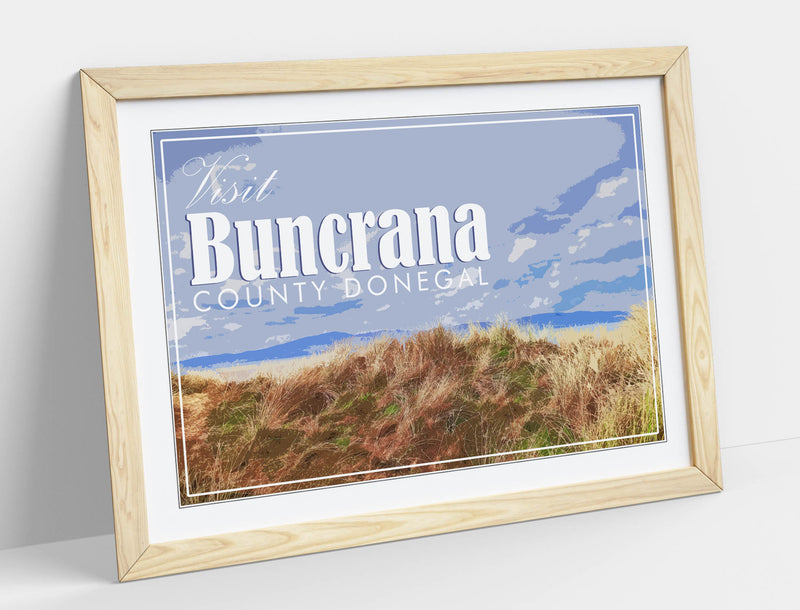 'Buncrana' Visit Ireland Travel Poster – Framed Poster Print With Wood Grain Frame & Matte Paper