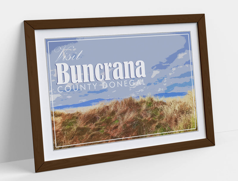 'Buncrana' Visit Ireland Travel Poster – Framed Poster Print With Wood Grain Frame & Matte Paper