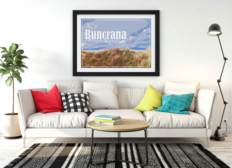 'Buncrana' Visit Ireland Travel Poster – Framed Poster Print With Wood Grain Frame & Matte Paper