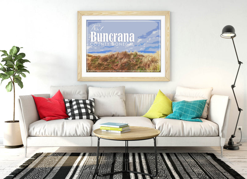 'Buncrana' Visit Ireland Travel Poster – Framed Poster Print With Wood Grain Frame & Matte Paper