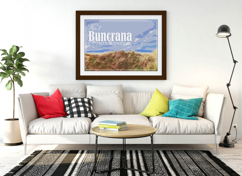 'Buncrana' Visit Ireland Travel Poster – Framed Poster Print With Wood Grain Frame & Matte Paper