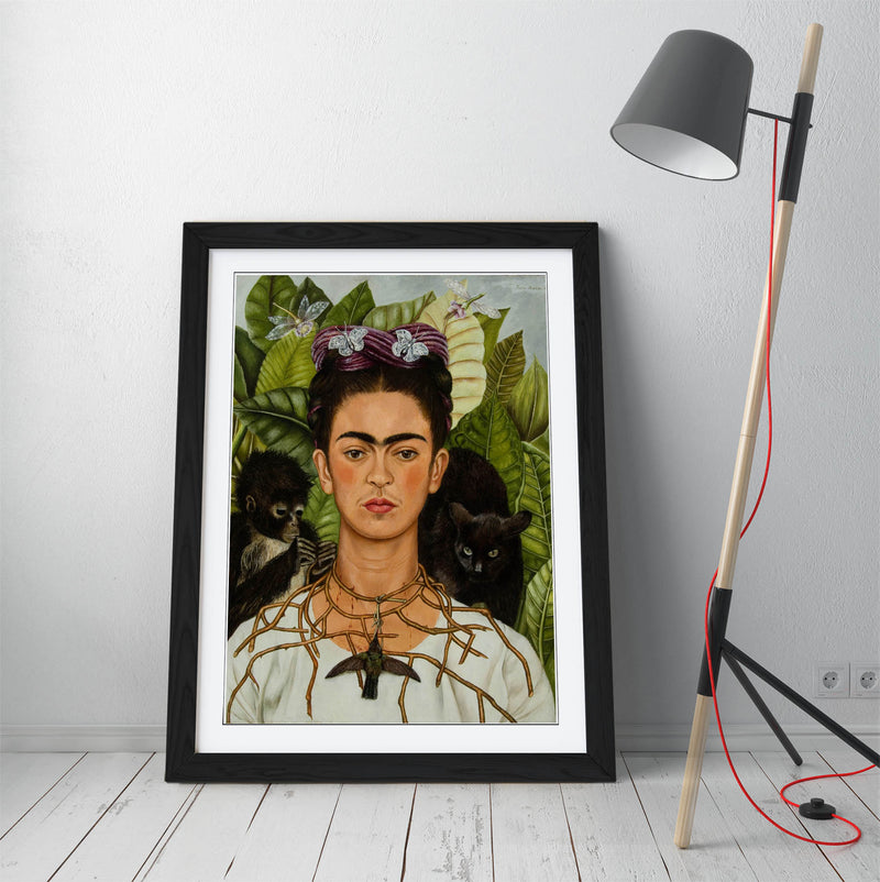 'Self-Portrait with Thorn Necklace and Hummingbird' by Frida Kahlo - Colorful Wall Art With Woodgrain Frame & Matte Paper Print