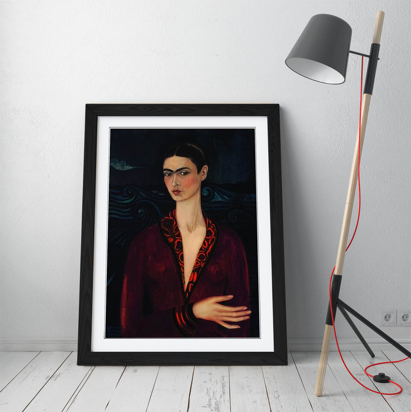 'Self-Portrait with Velvet Dress' by Frida Kahlo - Colorful Wall Art With Woodgrain Frame & Matte Paper Print