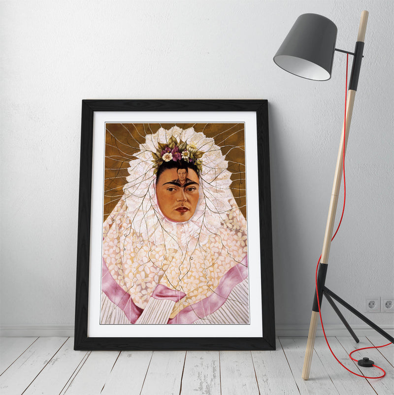 'Self-Portrait as a Tehuana' by Frida Kahlo - Colorful Wall Art With Woodgrain Frame & Matte Paper Print