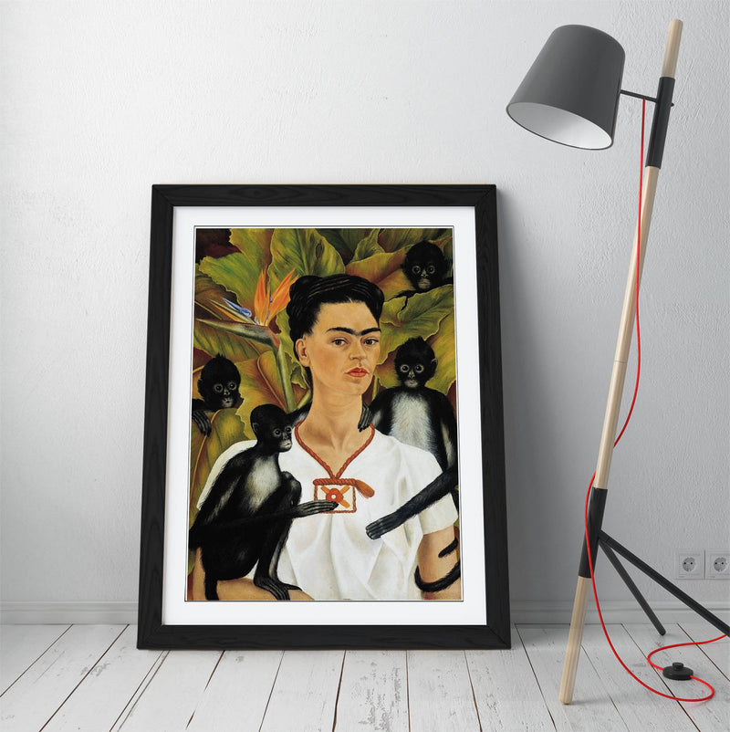 'Self Portrait with Monkeys' by Frida Kahlo - Colorful Wall Art With Woodgrain Frame & Matte Paper Print