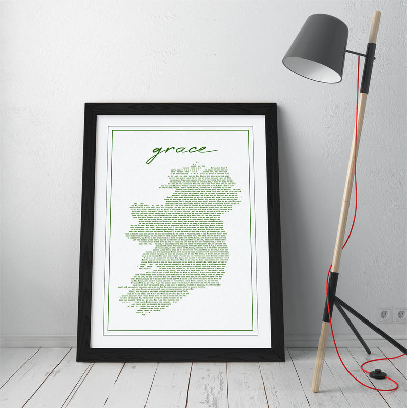 Grace Lyrics in the Shape of Ireland - Colorful Wall Art With Woodgrain Frame & Matte Paper Print