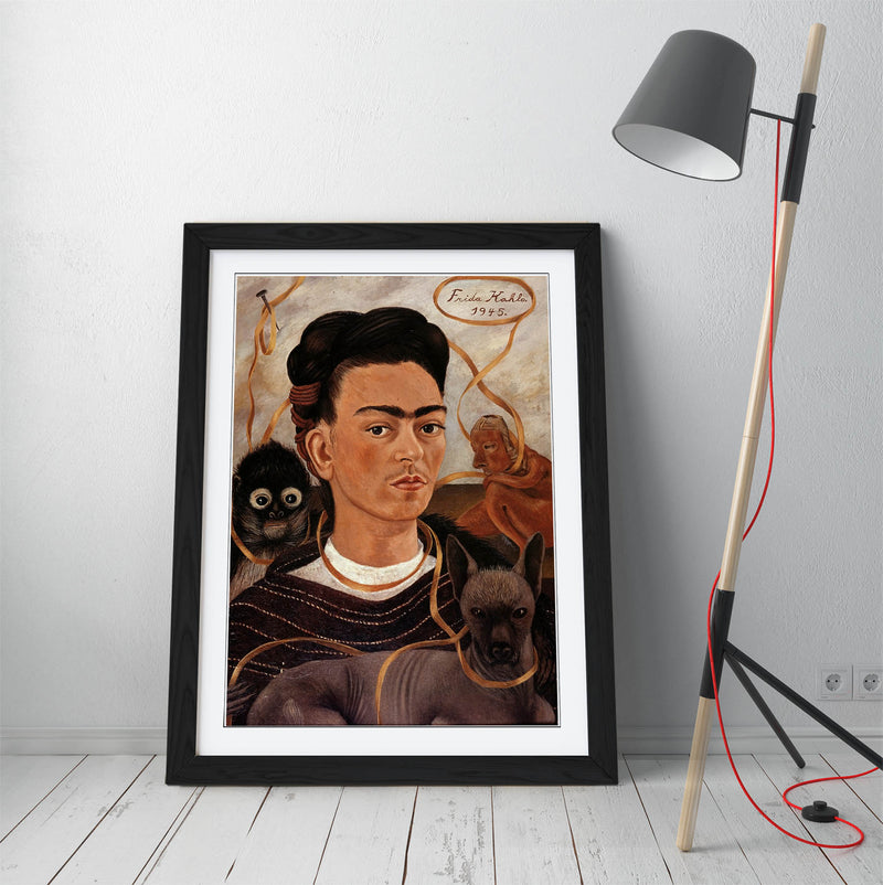 'Self-Portrait with Small Monkey' by Frida Kahlo - Colorful Wall Art With Woodgrain Frame & Matte Paper Print