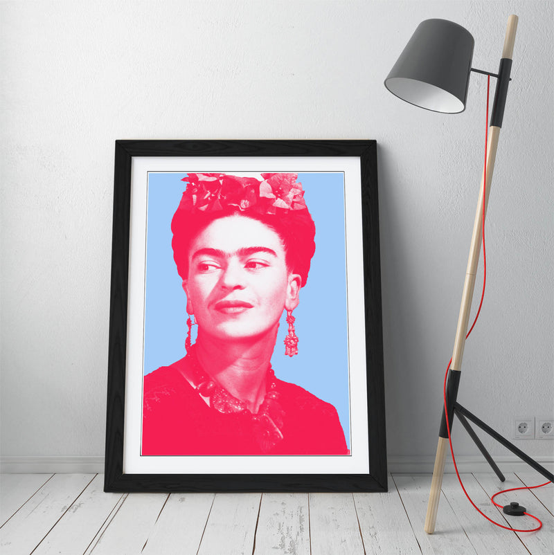 Colourful Frida Kahlo Pop Art (pink & blue) - Colorful Wall Art With Woodgrain Frame & Matte Paper Print