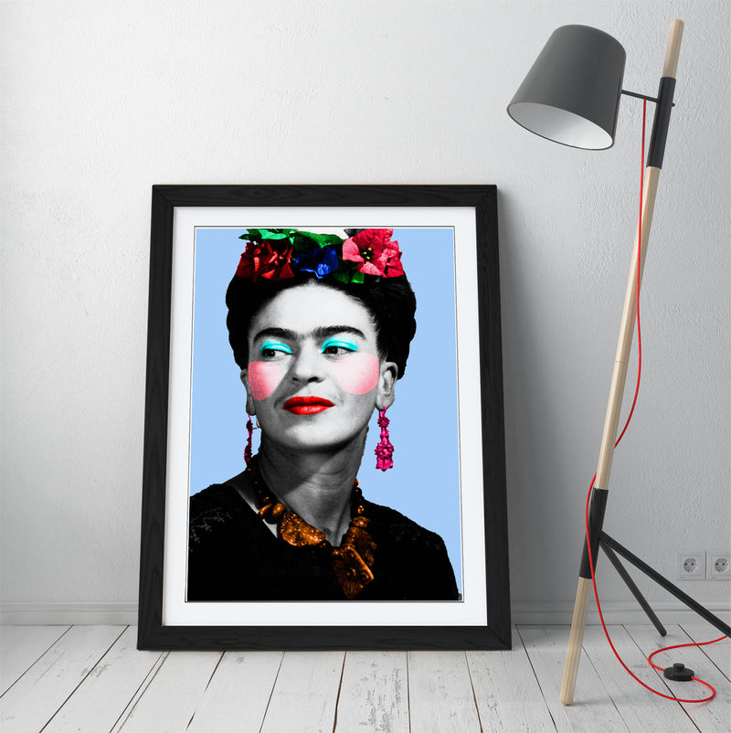 Colourful Frida Kahlo Pop Art - Colorful Wall Art With Woodgrain Frame & Matte Paper Print