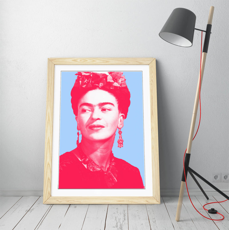 Colourful Frida Kahlo Pop Art (pink & blue) - Colorful Wall Art With Woodgrain Frame & Matte Paper Print