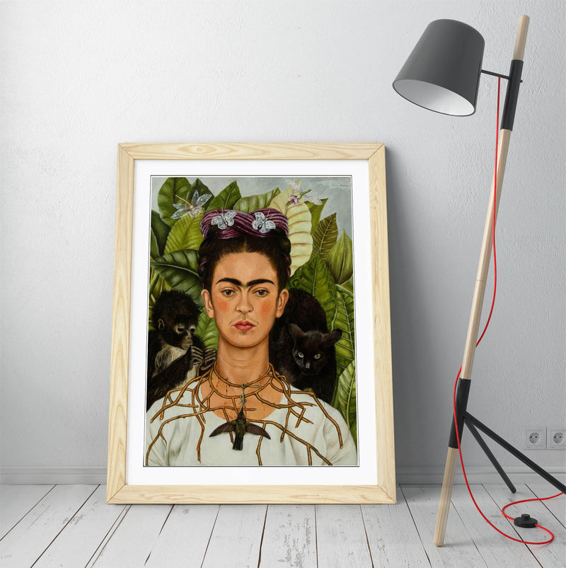 'Self-Portrait with Thorn Necklace and Hummingbird' by Frida Kahlo - Colorful Wall Art With Woodgrain Frame & Matte Paper Print