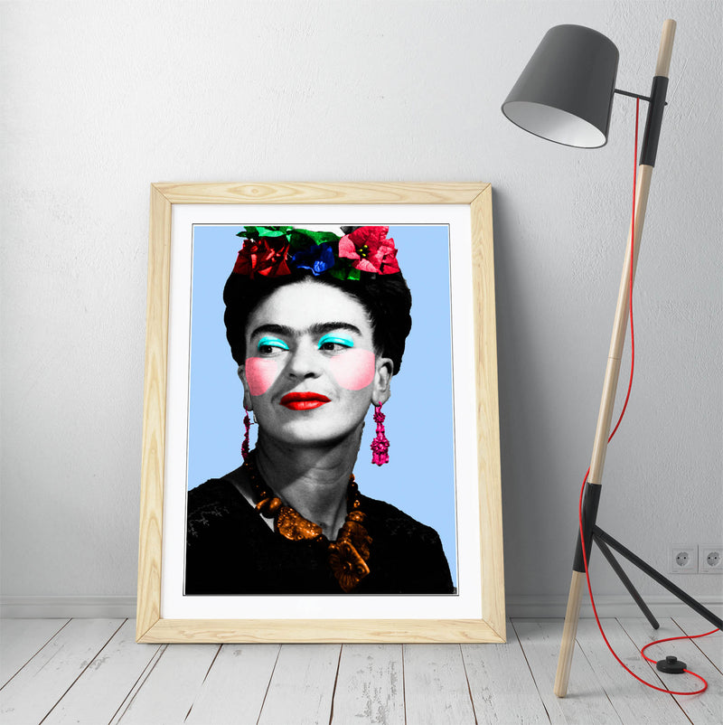Colourful Frida Kahlo Pop Art - Colorful Wall Art With Woodgrain Frame & Matte Paper Print