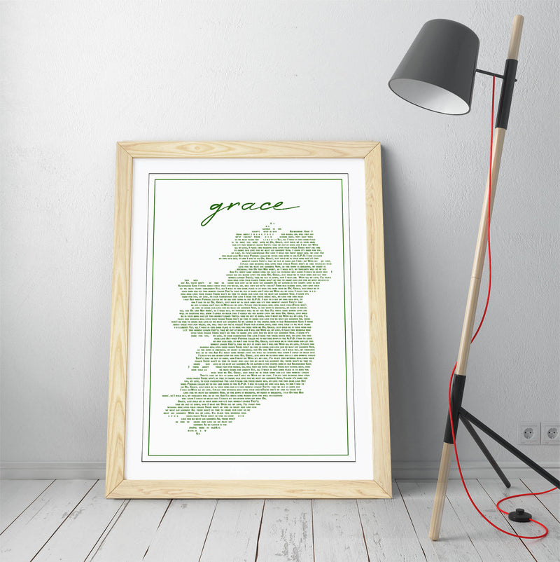Grace Lyrics in the Shape of Ireland - Colorful Wall Art With Woodgrain Frame & Matte Paper Print