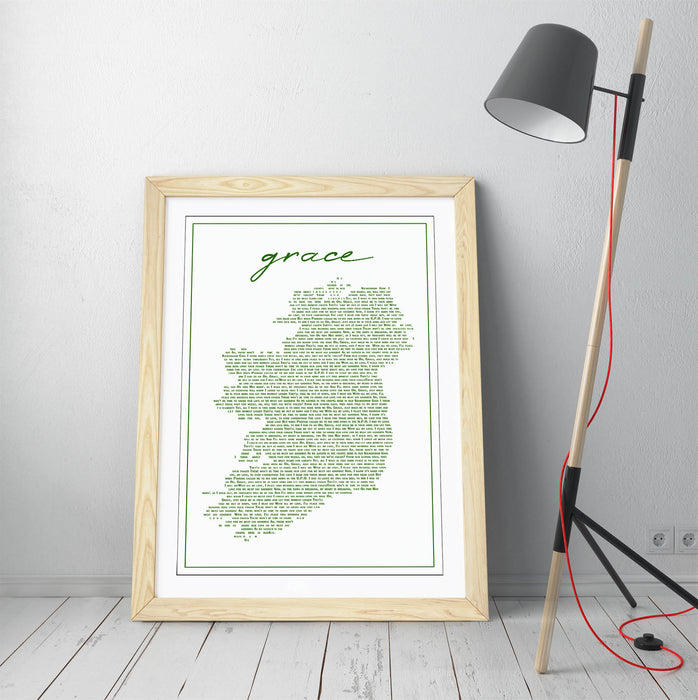 Grace Lyrics in the Shape of Ireland - Colorful Wall Art With Woodgrain Frame & Matte Paper Print