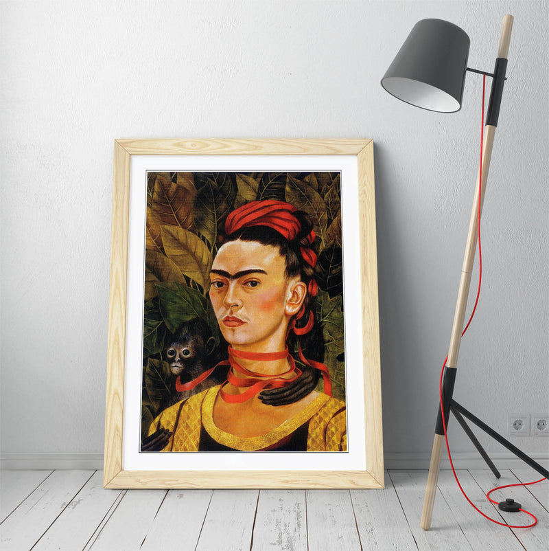 'Self-Portrait with Monkey' by Frida Kahlo - Colorful Wall Art With Woodgrain Frame & Matte Paper Print (Copy)