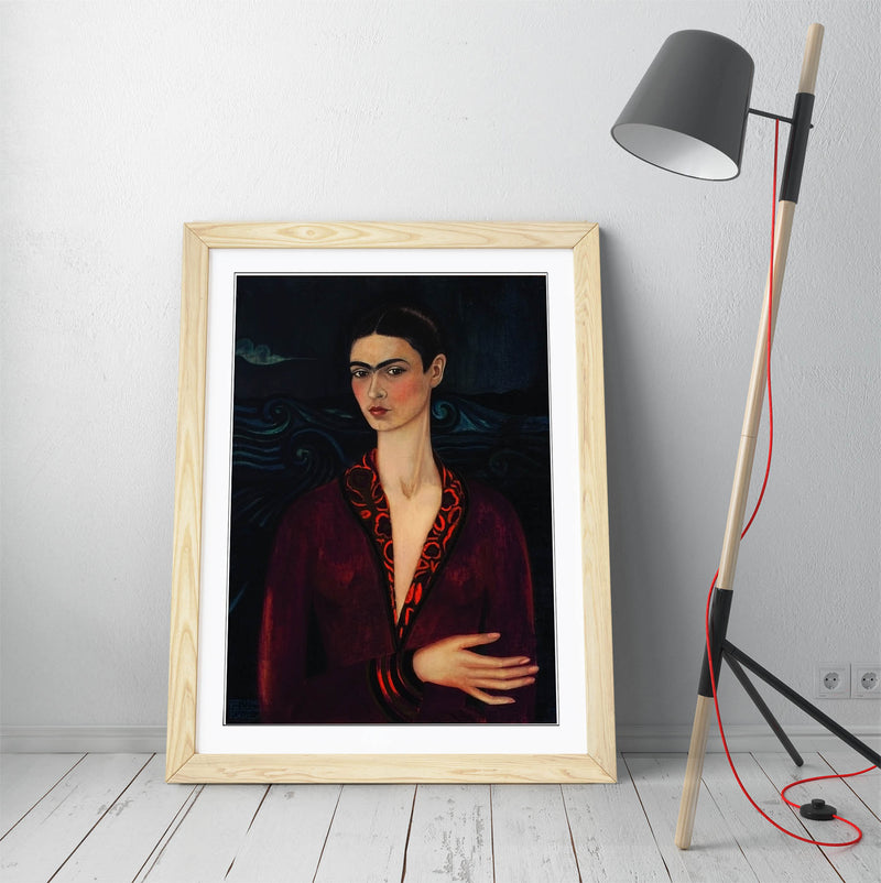 'Self-Portrait with Velvet Dress' by Frida Kahlo - Colorful Wall Art With Woodgrain Frame & Matte Paper Print